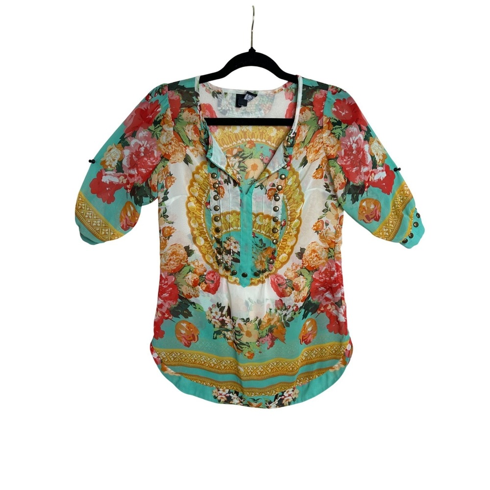 Angie Womens Small Turquoise Floral Scarf Print Sheer Boho Blouse Button Bib Top